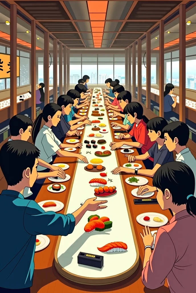 Sushi conveyor belt restaurant illustration