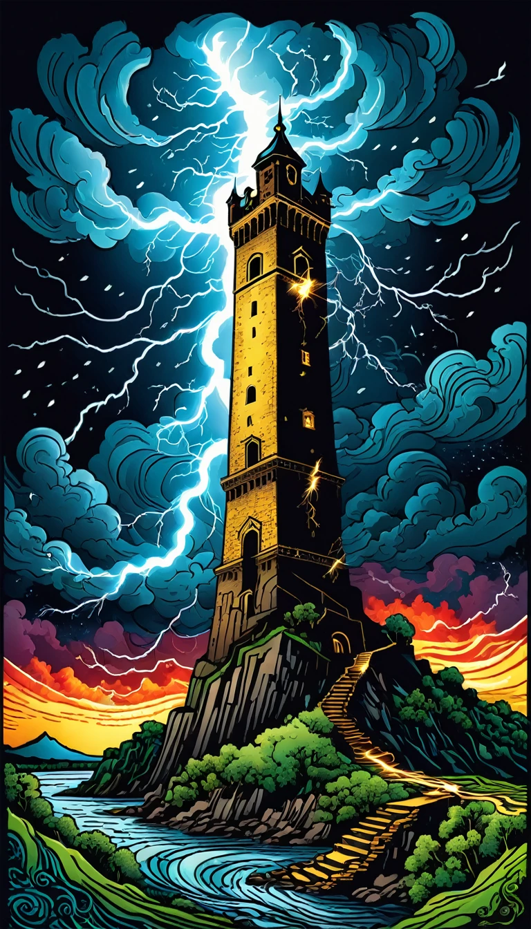 tarot cards:tower:An illustration,((lightning strike)),Tower destroyed by lightning,Adobe Illustrator,draw with thick lines,rich colors,mysterious,,masterpiece,The highest masterpiece,Light and shadow,draw carefully,calm colors,fantasy,Dark Fantasy,rendering,,zentangle elements