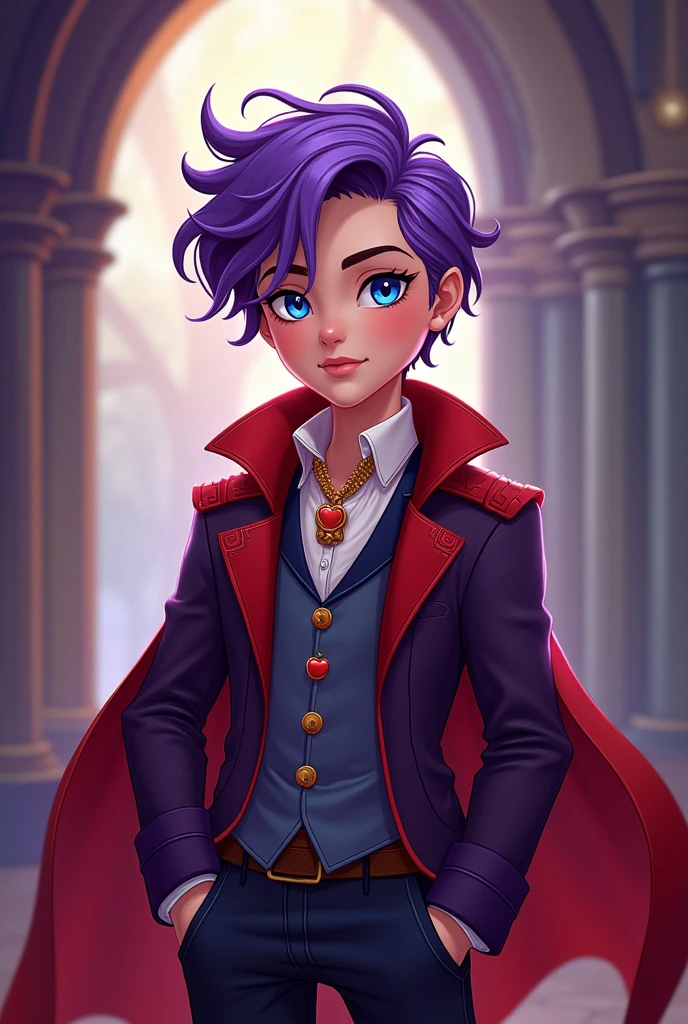 Imagem do filho da Raven Queen e da Apple White de Ever After High: LnF , A boy, with blonde and purple hair, Caucasian skin, blue colored eyes, red and purple outfit with apple and crow elements on the outfit 