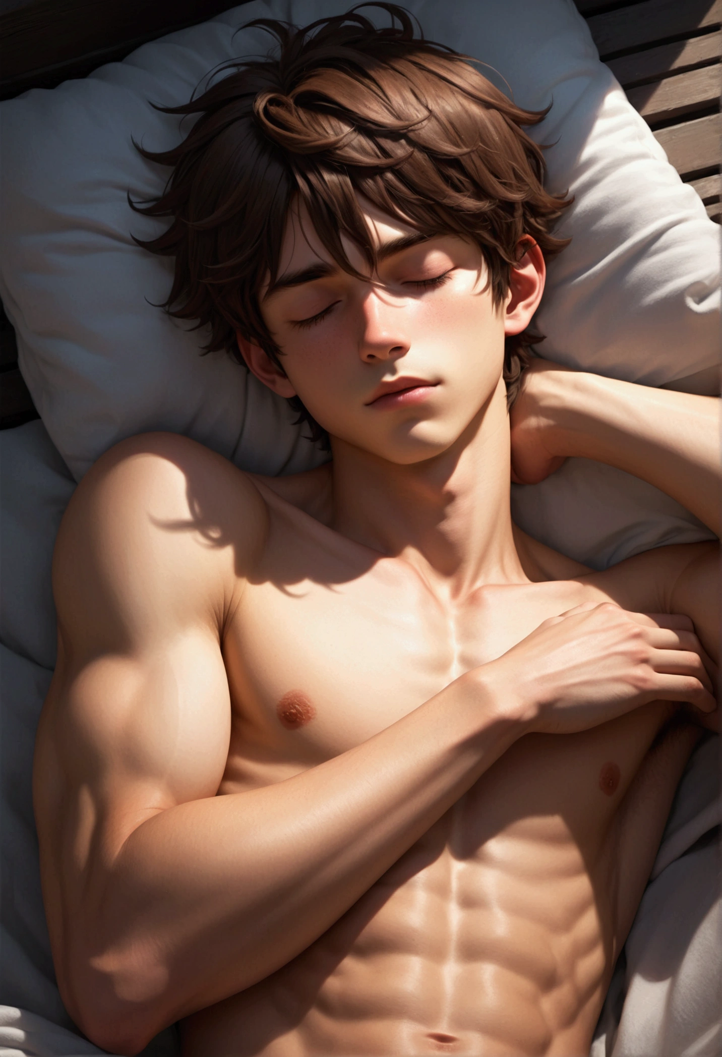 Teenage guy, white skin, toosled brown hair, nut eyes, slender body, summer vibes, sleeping position, dramatic lighting, dark colors, textured skin, hand gesture, ????? dick, sensual, detailed features, edgy, teenage, intimate, high quality anime oil art, dark fantasy style.