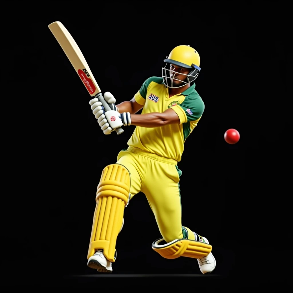 Give me a yellow jersey with AUS written on it. A cricket player wearing white sneakers and a dark green helmet is hitting a cricket ball.,顶光drop shadow, anaglyph, stereogram, tachi-e, ass pov, atmospheric perspective, 8k, super detail, best quality