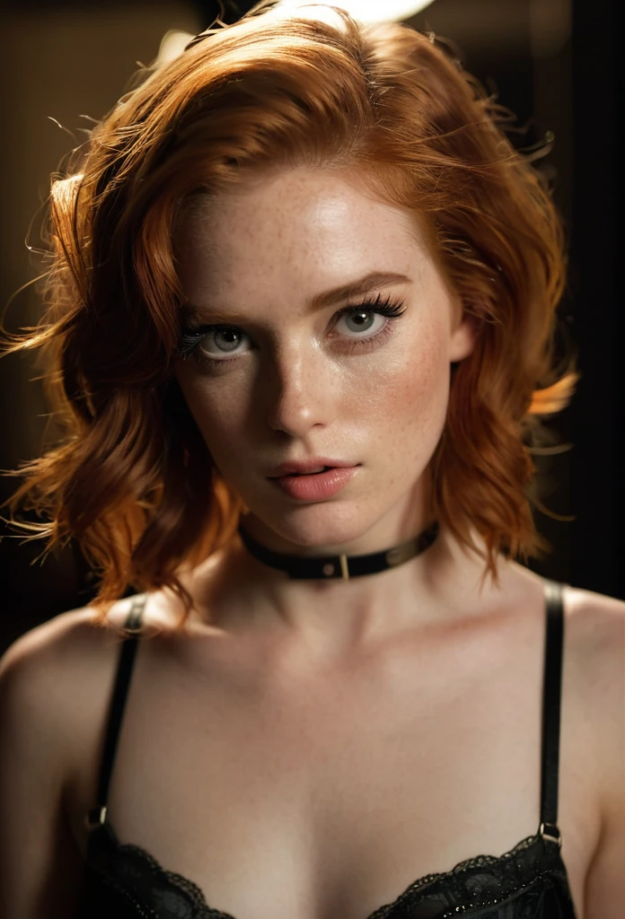 A redhead girl, , using a bra harness, beautiful detailed eyes, beautiful detailed lips, extremely detailed eyes and face, long eyelashes, photorealistic, 8k, high quality, dramatic lighting, fancy, dark moody, cinematographic, chiaroscuro