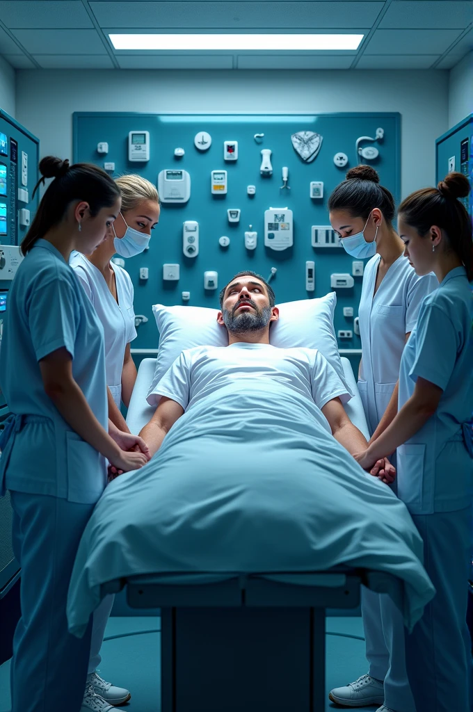 Advanced medical equipment with patient and several doctors and nurses around him.