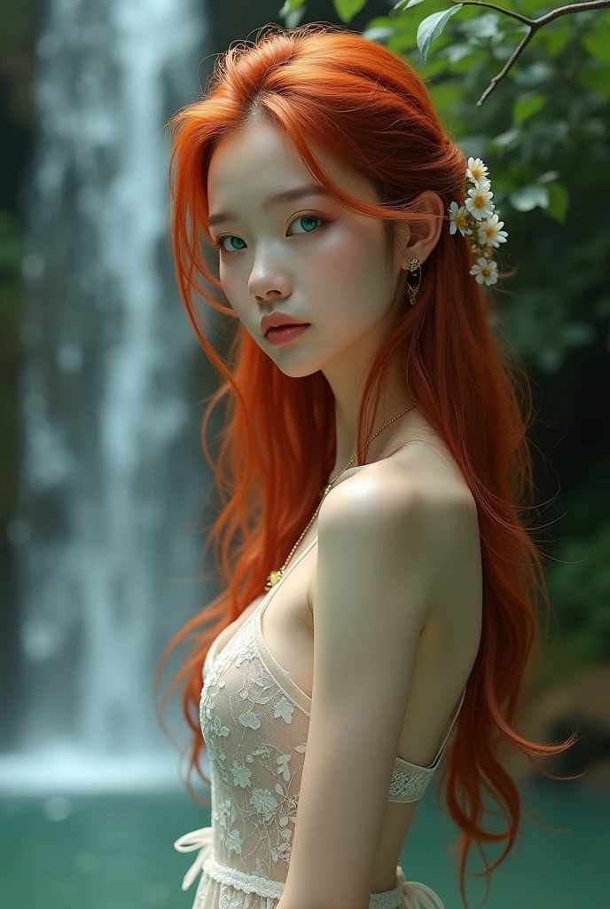 Artistic photo, 4K, real photo, Korean girl, beautiful face, detailed face, slim nose, turquoise eyes, long flowing hair, red hair, waterfall background, nude, big breasts, well-proportioned figure, looking at the viewer