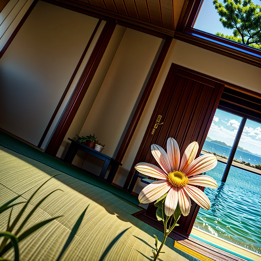 Summer seaside, a single wild flower blooming in the dojo, photo, daytime, Kamakura, Shonan, Kanagawa, Japan, realistic, precise, natural feeling