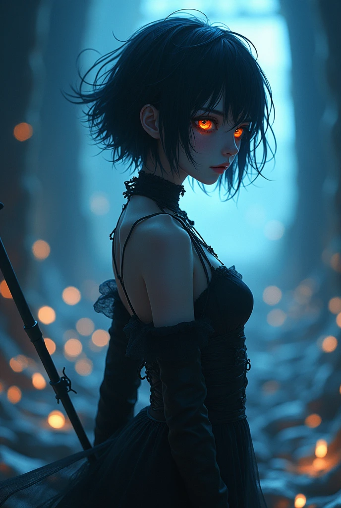 A Sticker of a visual stunning photo of a luminous and enchanting bad girl undead/human-like creature with dark short hair, dynamic pose, anime style, dimly lit dark fantasy realm enviroment, full shot, rule of thirds depth of field intricate details, concept art, subtle colors, fantastical realm, extremely detailed, ultra sharp focus, light particles, attention to detail, grandeur and awe, cinematic, stunning visual masterpiece, double exposure, 8k, photorealistic, strong outlines, cinematographic scene,