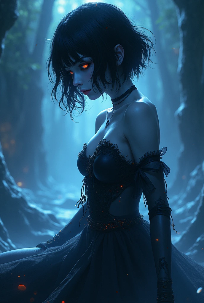 A Sticker of a visual stunning photo of a luminous and enchanting bad girl undead/human-like creature with dark short hair, dynamic pose, anime style, dimly lit dark fantasy realm enviroment, full shot, rule of thirds depth of field intricate details, concept art, subtle colors, fantastical realm, extremely detailed, ultra sharp focus, light particles, attention to detail, grandeur and awe, cinematic, stunning visual masterpiece, double exposure, 8k, photorealistic, strong outlines, cinematographic scene,