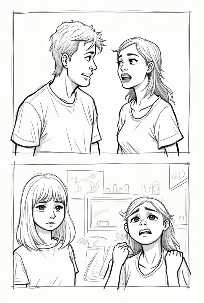 A sketch like a comics of a parents arguing, make it just a simple drawing like a cartoon, something like that for a comics. 

And now a their child came out make it a girl and saw them. 

Now, the child from a while ago she felt really sad and she lock herself in her room