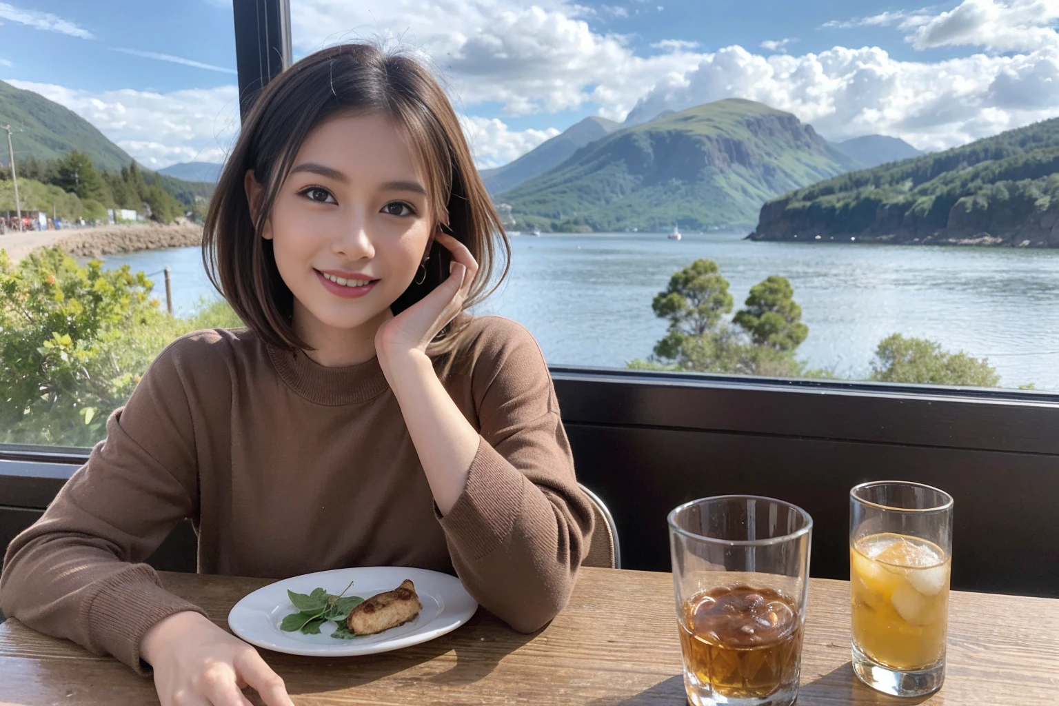 ((Highest quality、8k、masterpiece:1.3))、1 male、1 female、spouse、Beautiful couple、smile、 (Slim face), (The body is スリム), (Brown Hair), (Shortcuts), ((Bob Hale、Straight hair:1.2)), Whiskey bottle and glass on table、Single Malt、scotch、Shot Glass、on the rocks、Scotland、shine light on the face、 Amazing view of the sunset sky and clouds、Amazing mountain views、smileの美しさ、Bright image、blush, Shortcuts,Bright Face、 (4), 3, Appetizers、Italian food、Long sleeve shirt、dress、Attractive beauty、restaurant, Nova Frog Style, actress, model, Upper Body,