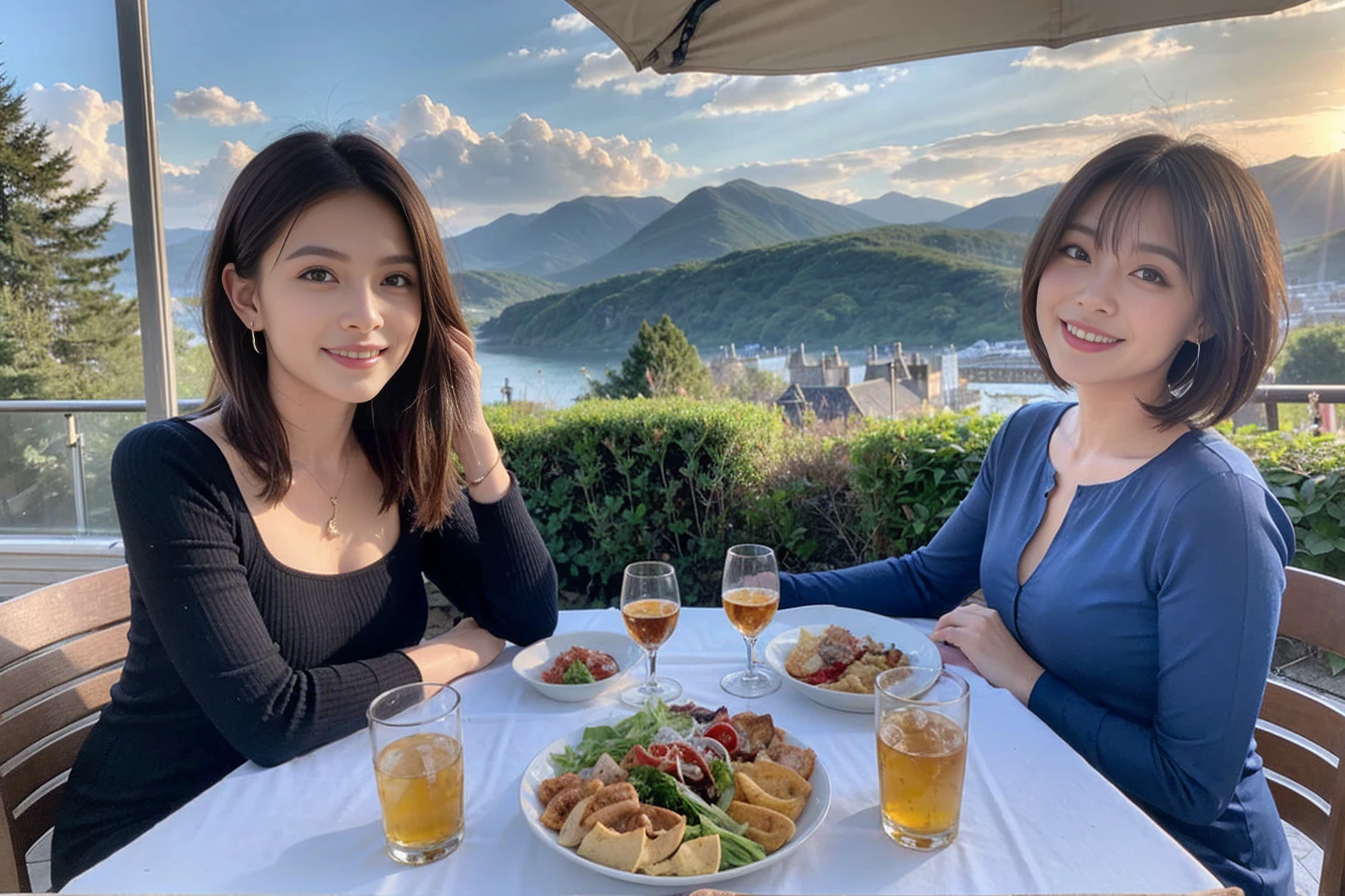 ((Highest quality、8k、masterpiece:1.3))、1 male、1 female、spouse、Beautiful couple、smile、 (Slim face), (The body is スリム), (Brown Hair), (Shortcuts), ((Bob Hale、Straight hair:1.2)), Whiskey bottle and glass on table、Single Malt、scotch、Shot Glass、on the rocks、Scotland、shine light on the face、 Amazing view of the sunset sky and clouds、Amazing mountain views、smileの美しさ、Bright image、blush, Shortcuts,Bright Face、 (4), 3, Appetizers、Italian food、Long sleeve shirt、dress、Attractive beauty、restaurant, Nova Frog Style, actress, model, Upper Body, 