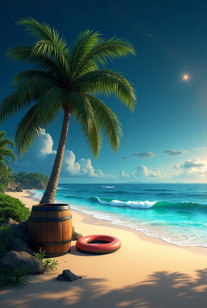 Create a picture with a palm tree in the middle on the beach, a beer barrel leaning on the palm tree and a swimming ring in the background, the sea on the beach is also a party mile in the background with stars

