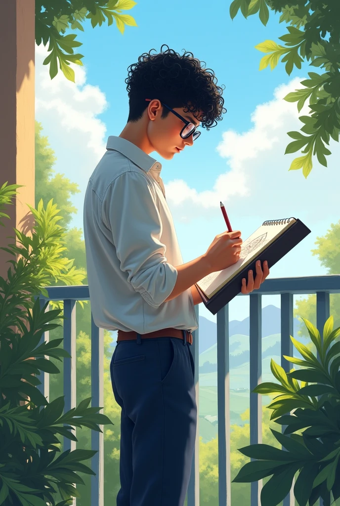 A student boy ,class  tall ,side face ,curly black hair ,glasses , white shirt dark blue pants , standing drawing in draw book , in balcony