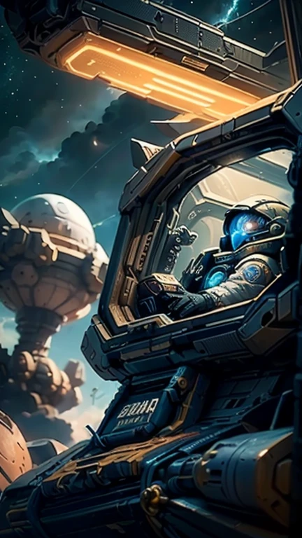 (((masterpiece))), (((Highest quality))), ((Very detailed)), (Highly detailed CG illustrations), ((Very delicate and beautiful)),(From the side),Cinematic Light,The moment when a girl climbs into the cockpit、Long black hair、Japanese、In the cockpit,Starry Sky, Big Clouds,colored glaze,Golden Universe,Space Station、Preparing for takeoff、Spacesuit、Aiming for Andromeda、Toa Heavy Industries decals、Lonely smile,A cable connects the body to a small spacecraft、Close the hatch,Complex Instrumentation