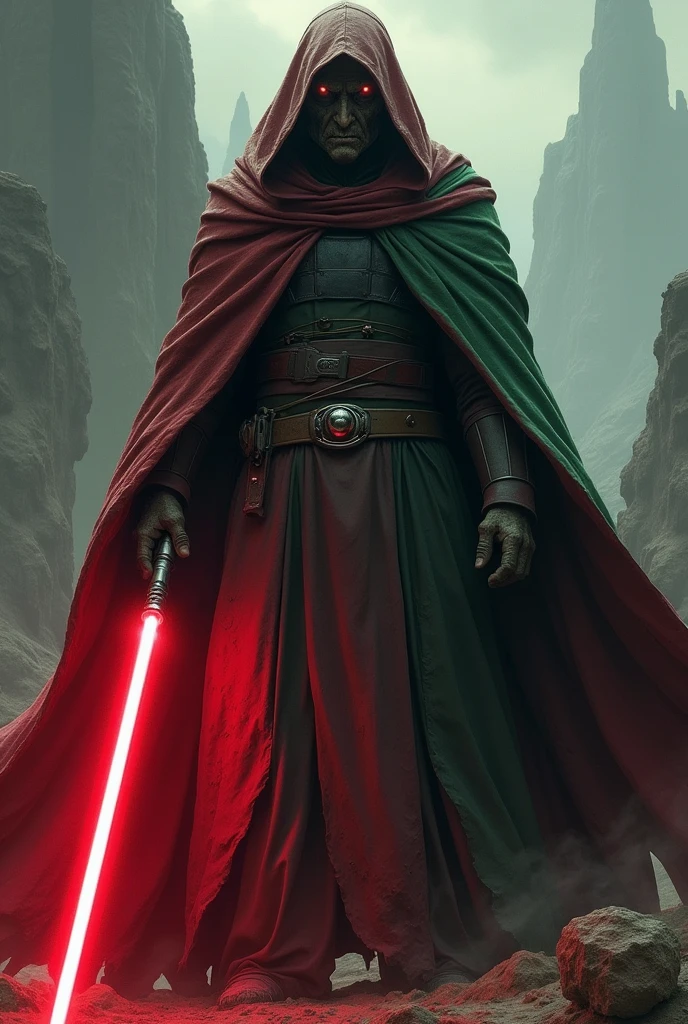 The country Lithuania as a Sith Lord from Star Wars, Cape colors red, Green and red, red lightsaber, scary, frightening, ultra-realistic