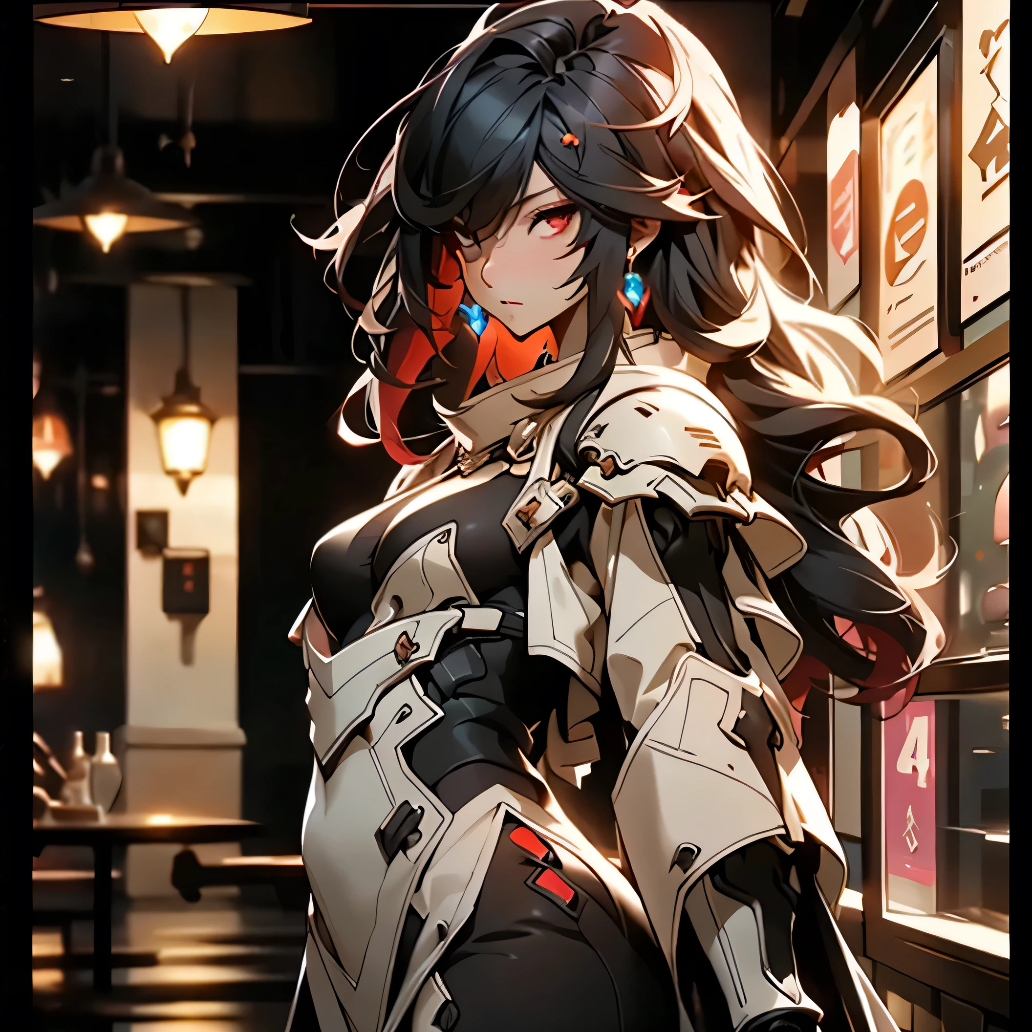 (best quality)), ((Masterpiece)), (details:1.4), 3d, HDR (high dynamic range), an image of a beautiful cyberpunk female, Red hair, Curtain Bangs, Red eyes, hips up, จมูกโด่ง, ปากแดง, หน้าอกใหญ่, nvidia RTX, PBR surface, After processing, Anisotropic filtration,depth of field, Maximum clarity and clarity, multi-layered surface, Subsurface scattering, perfect proportions, 8K raw files, ultra detailed, Perfect proportions, volumetric lighting, soft lighting, Holy Knight, Heavy black Armor, glossy skin, gorgeous, intricate grey background, strong back lighting, jewely, ต่างหู, นิ้วมือสมบูรณ์, กระโปรงสั้น