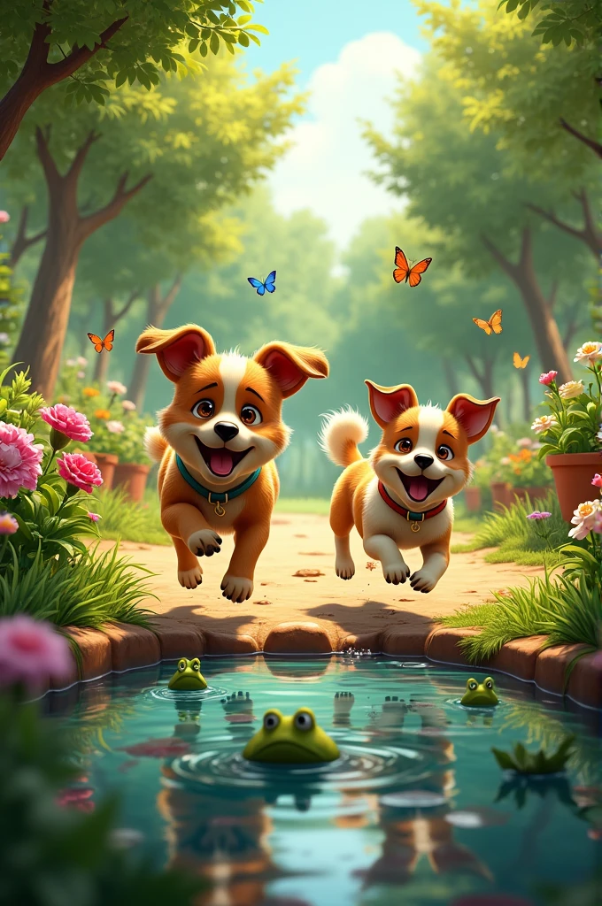 : The lush garden outside the house, filled with flowers, trees, and a small pond.
Action: Toby and Dax dash into the garden. Toby loves to chase butterflies, and Dax chases Toby. They run around, knocking over flower pots and splashing through the pond, making a muddy mess. A startled frog jumps out of the pond, and Toby and Dax both jump back, slipping into the mud.