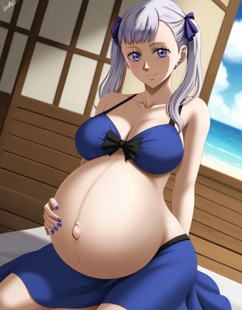 noelle_blackclover, Noelle Silva, Black Clover, long silver hair, waist-length hair, half-up half-down hairstyle, ribbon, side-parted bangs, almond-shaped blue eyes, high-quality, ultra-detailed, beast quality, 8K resolution,
looking at viewer, dutch angle, cowboy shot, smile, pregnant belly, large belly, big belly, big Breasts, belly button,
1girl,solo, indoors, beach, happy, Smiling, rub belly,
full body, Nail polish,