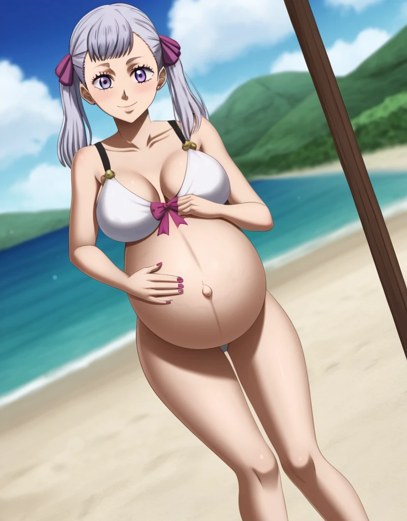 noelle_blackclover, Noelle Silva, Black Clover, long silver hair, waist-length hair, half-up half-down hairstyle, ribbon, side-parted bangs, almond-shaped blue eyes, high-quality, ultra-detailed, beast quality, 8K resolution,
looking at viewer, dutch angle, cowboy shot, smile, pregnant belly, large belly, big belly, big Breasts, belly button,
1girl,solo, indoors, beach, happy, Smiling, rub belly,
full body, Nail polish,