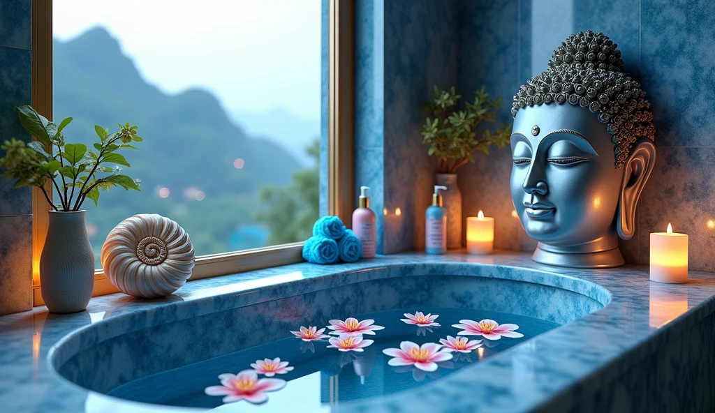 blue light tile and gold ((hyper detailed 8k)) luxury Bathroom with spa Buddha head and candles and giant nautilus shell, spa ritual aesthetics, thai flowers in the bath, blue and white towels, blue marble interior, product photography with beautiful blue and pink spa bottles for soap, epic view shot cinematic 35 mm 8k uh
