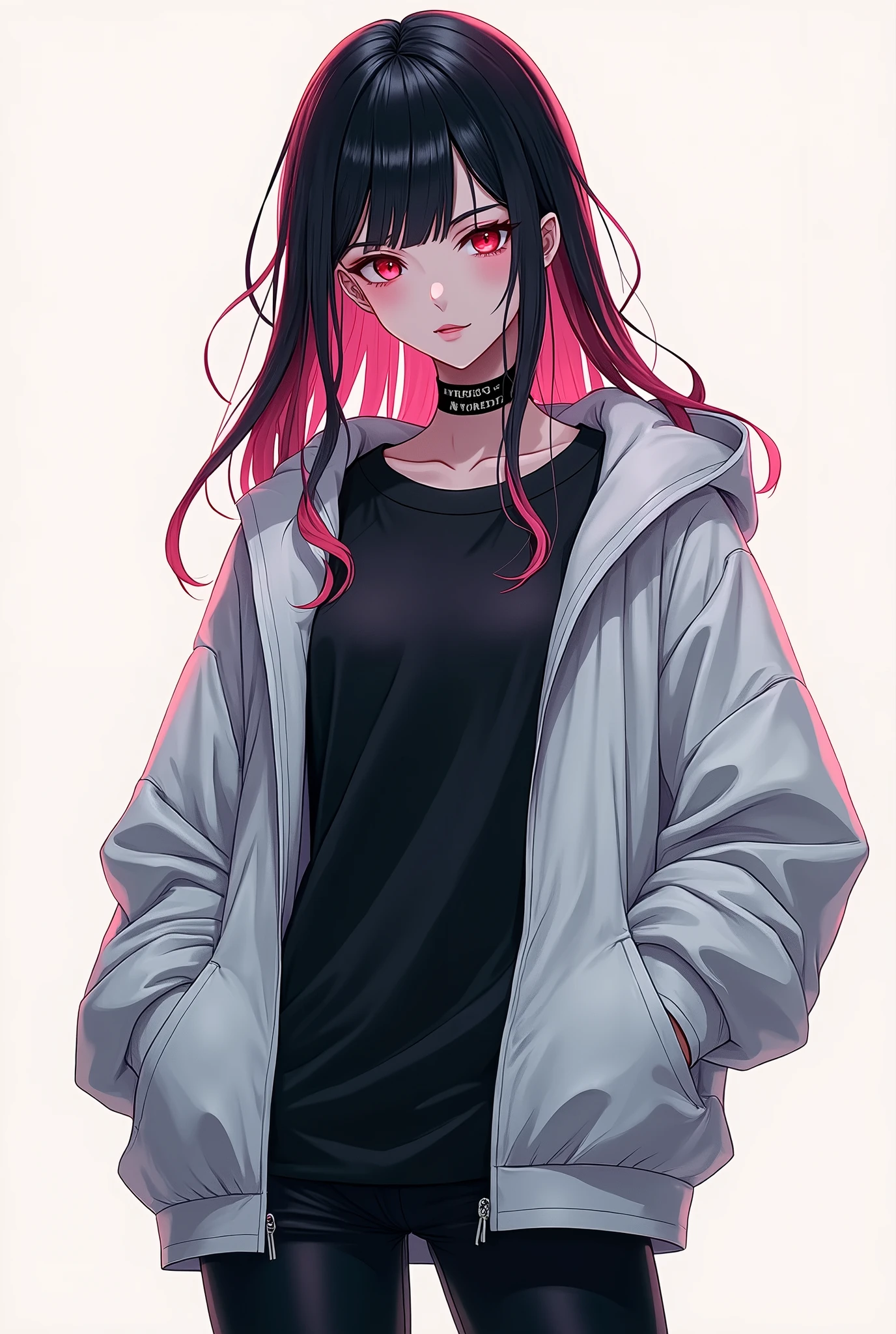 (masterpiece, best quality, very detailed), (beautiful face details), (beautiful eye details), (beautiful hand details), high contrast, (best lighting, very smooth and beautiful), very detailed, intricate details, ( 1 girl, solo, black and white multicolored hair, sharp face, long hair, red eyes, hair between the eyes), a woman with an open white hooded jacket, wearing a black t-shirt underneath and black pants, single character whole body, whole concept body, modern futuristic anime style