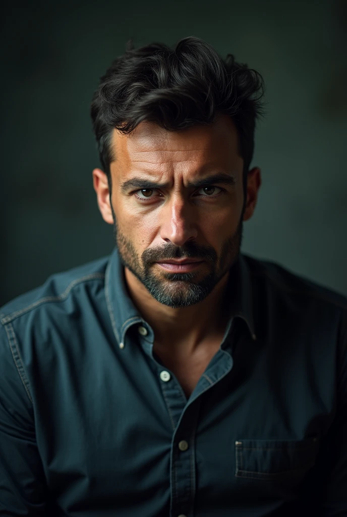 Create a real image of a man with his fave looking determined and serious to achieve a goal. The background is a little dimmed. Image size 1024n by 576 px