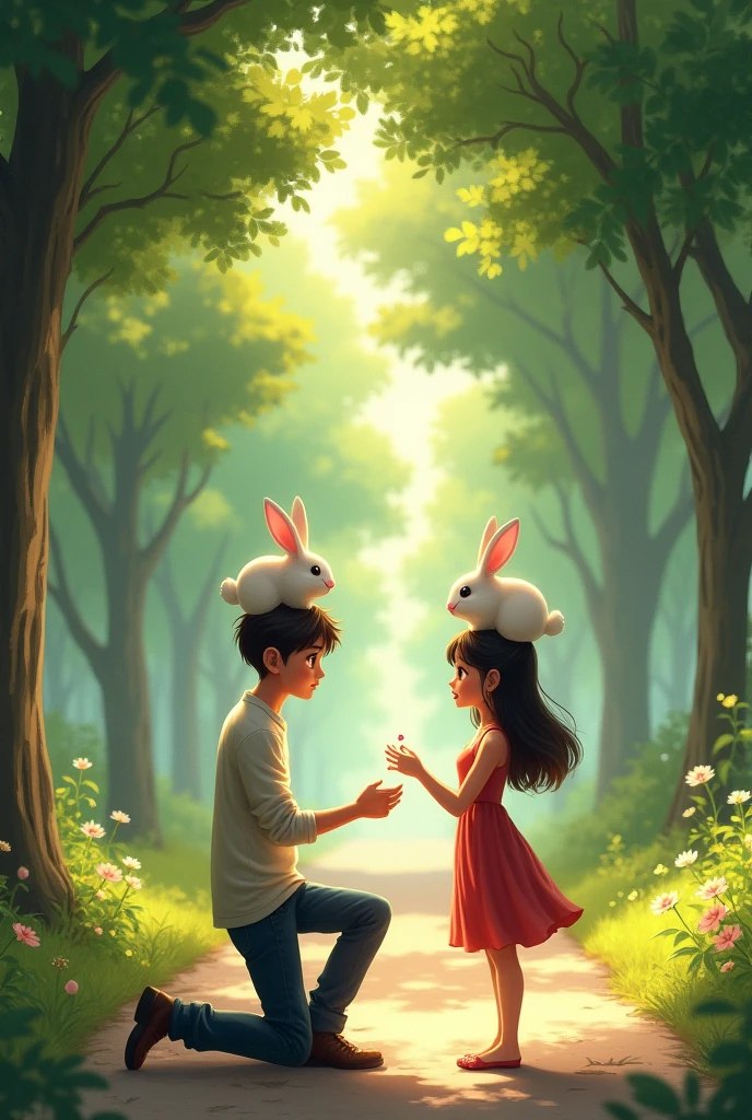 A boy proposes to a girl in an empty road and the boy gives her a ring Soo many tree in there and a beautiful rabbit in On both heads, on the boy's head I love you Mahi and on the girl's head I love you to Musaddik
