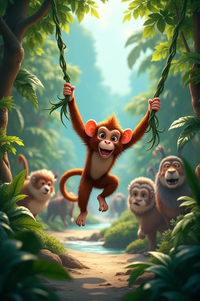 Monkey, always eager for an adventure, scampered up the trees and swung through the vines until he reached the riverbank. There, he saw a beautiful sight: a parade of animals from all over the jungle had gathered for the annual Jungle Festival.