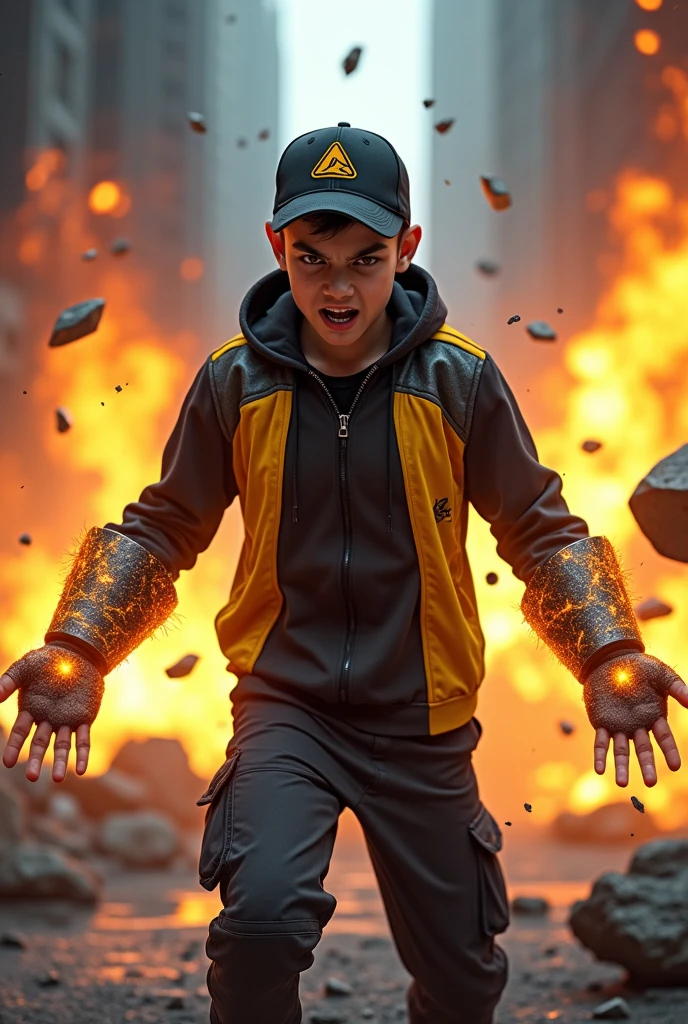 Malaysia man. real teenage age . 15 Malaysia Indonesia. (Yello eyes) Anger face. Open mouth . wearing an (black yellow ) zip-up shirt. Hoodie. Black stripe yellow. Lava design black orange shirt, (black yellow ) cap with small (mountain) logo, detailed face. Glowing eyes.. black cargo pant , cinematic lighting, dramatic atmosphere, vibrant colors, 8k, high quality, photorealistic. Hero suit. (Earthquake come from his hand.wear two big gaunlet made from cracking rock color black yellow glowing .jeans pants. Very strong. Future design dress. Very epic. Earthquake everywhere. Shaking photography effect. Floating rock everywhere. The man Punch the land . Cracking road.