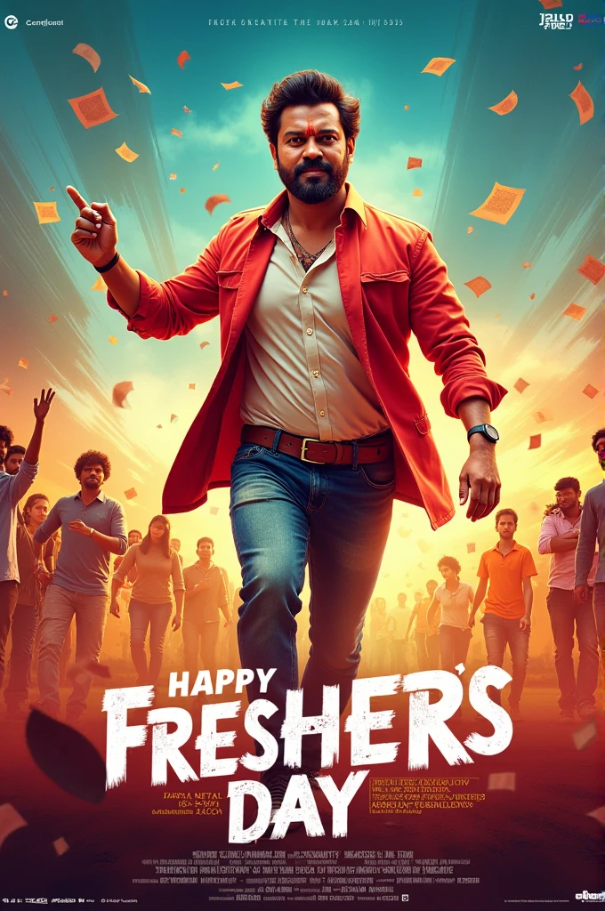 Create a freshers day poster with mamootty character 