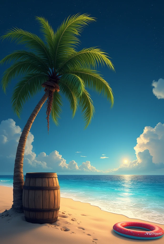 Create a picture with a palm tree in the middle on the beach, a beer barrel leaning on the palm tree and a swimming ring in the background, the sea on the beach is also a party mile in the background with stars