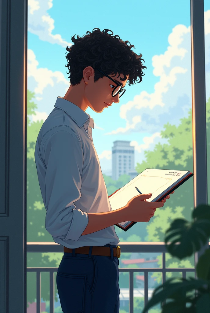 A student boy ,class 12 tall ,side face ,curly black hair ,glasses , white shirt dark blue pants , standing drawing in draw book , in balcony