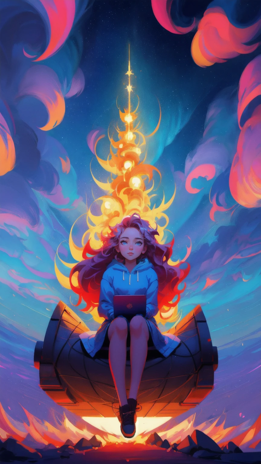 there is a cartoon image of a beautiful girl sitting by a campfire, jen bartel, satoshi, bitcoin, inspired by Cyril Rolando, in style of cyril rolando, cyril rolando and goro fujita, in the style dan mumford artwork, bitcoin evil, mining, by Cyril Rolando, 🚀🚀🚀, crypto, dan mumford. concept art, by Dan Mumford. the background is blue.