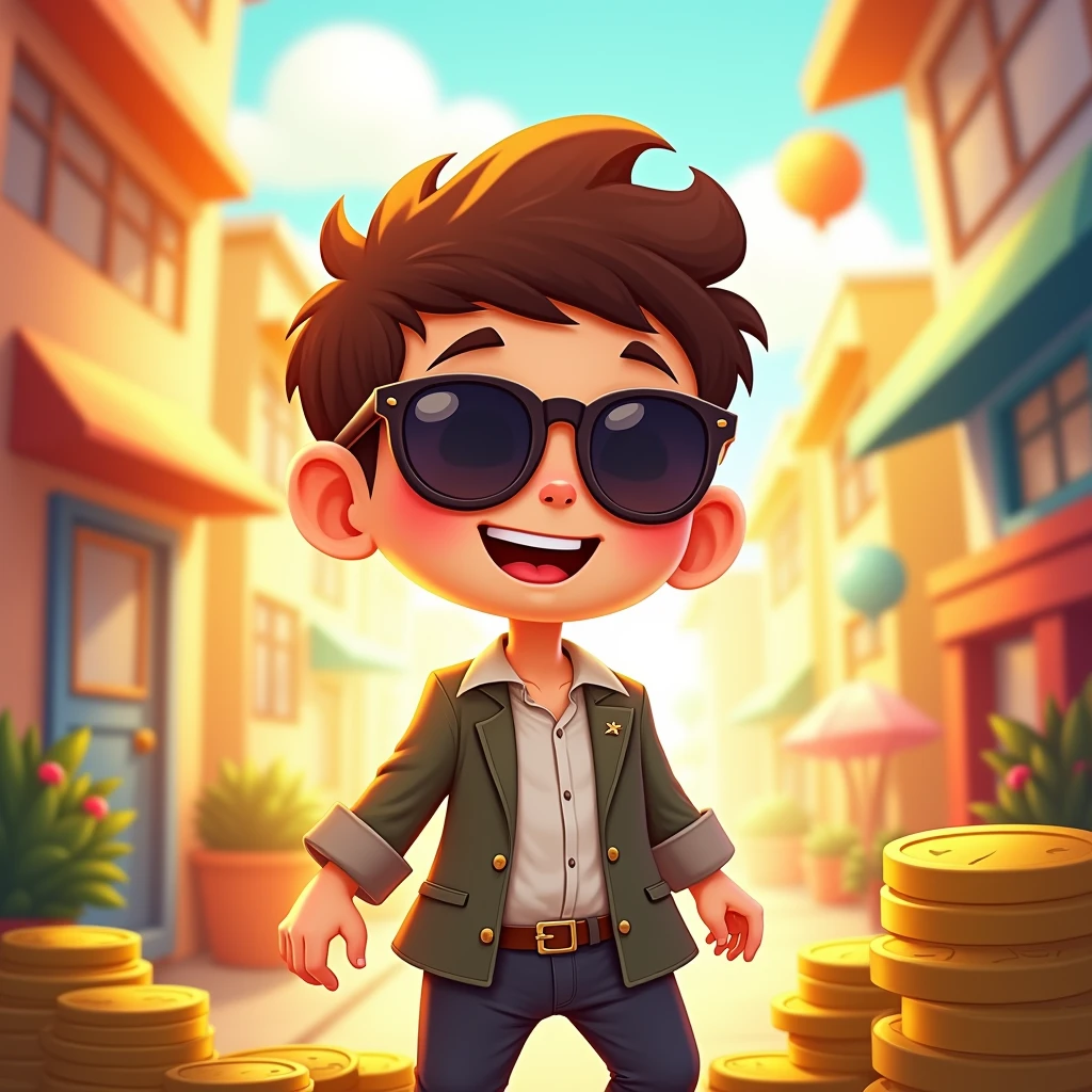 A lucky boy,Cartoon,Wear sunglasses,rich,Bright background