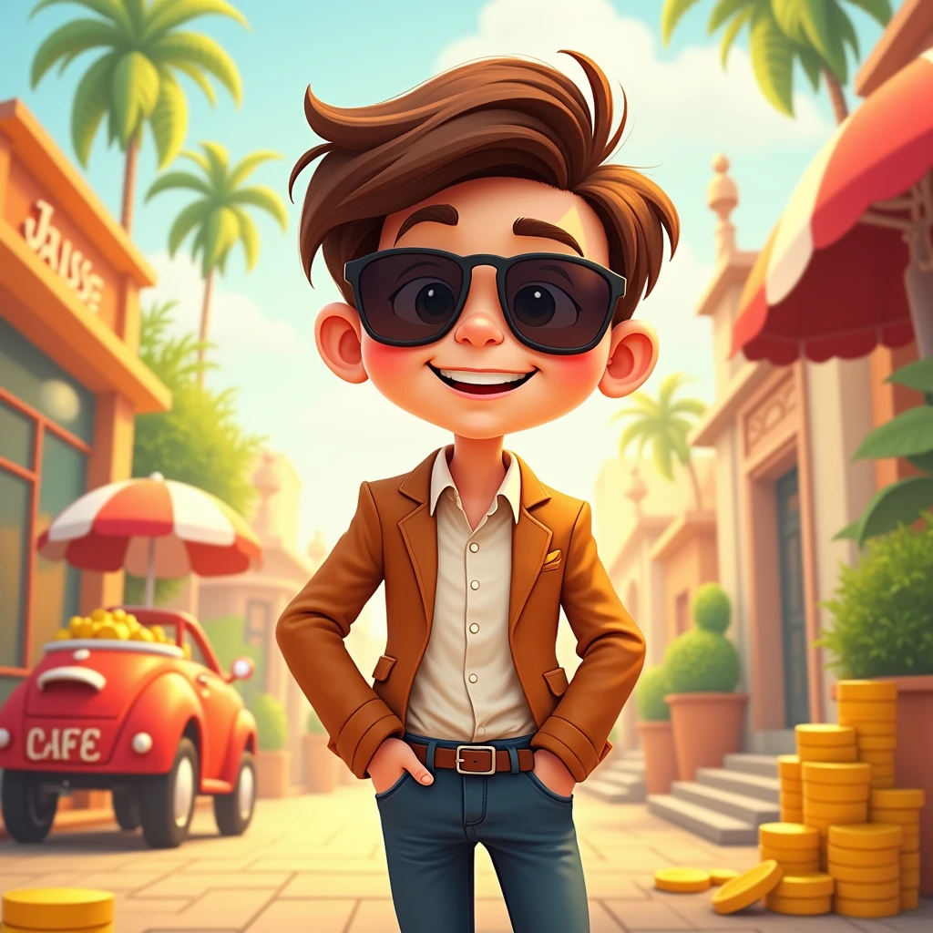 A lucky boy,Cartoon,Wear sunglasses,rich,Bright background