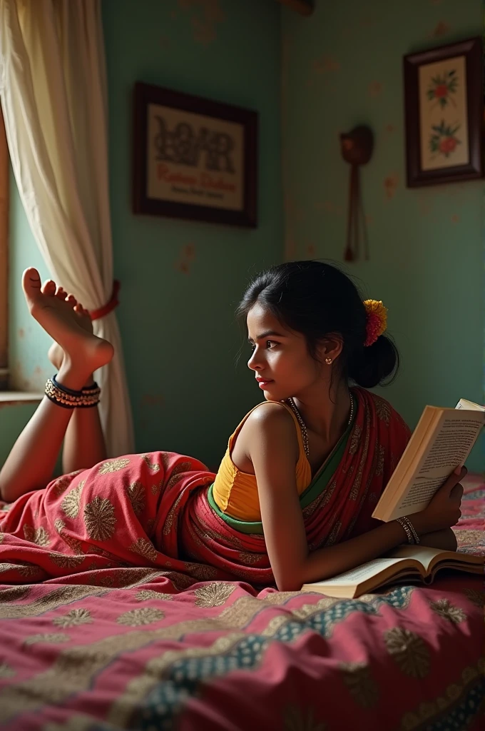 Indian Girl *** 25 sleeping on a bed wearing a saree looking her some clueless & reading a book in a old Indian house sleeping stomach down on bed with her legs up sacking wearing a payal