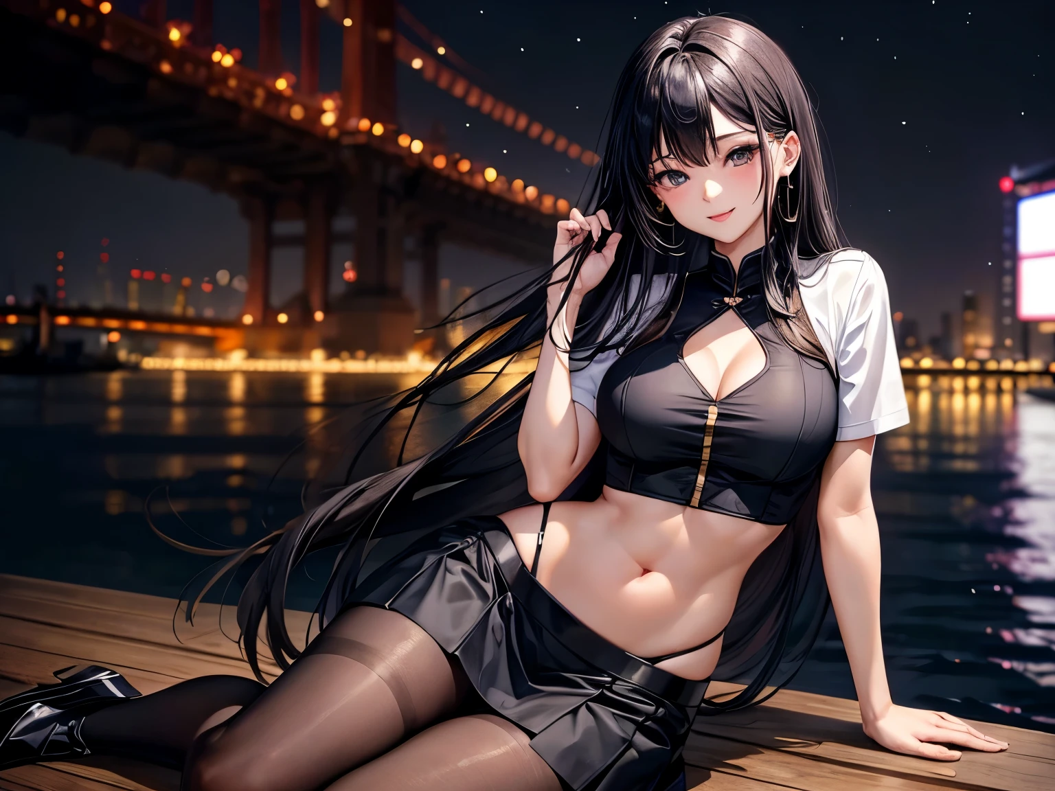 (high quality,16K:1.1),((Front body:1.35)), Chinese,1 female, Fashion Makeup ,Lipstick,Smile,Black long hair、Straight Hair, White shirt、business attire,Hip skirt, Short skirt,,(standard physique)、(D cup breasts)、 Sensual, Curvy beauty,(View your audience:1.3),(full-body shot:1.2),(beautiful night view of Tokyo, Japan:1.2),Fine,Unbeatable picture quality,Navel,Perfect fingers,Starry Sky