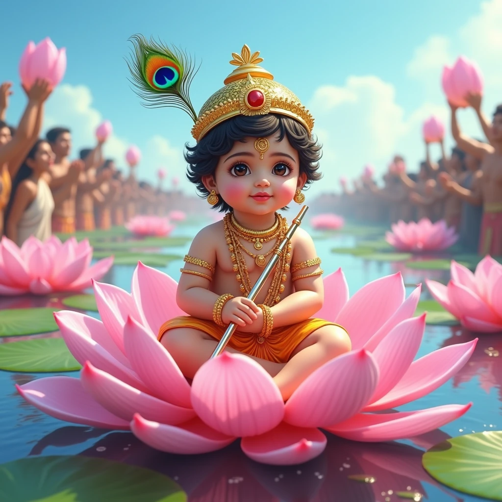 Realistic image of Lord krishna as a 2 year old boy sitting on a pink lotus in a pond, various other pink lotuses seen in the pond, bright blue sky, wearing a golden crown with a peacock feather in it, and holding a flute in his hand
, bright and beautiful image, normal human face and normal human eyes, no animated eyes to be seen, people lifting him high using their hands while some are praying with their hands folded, create high quality realistic image, beautiful Landscape, eyes facing straight at the camera, image should ultra clear, hyper realistic, high quality 4k