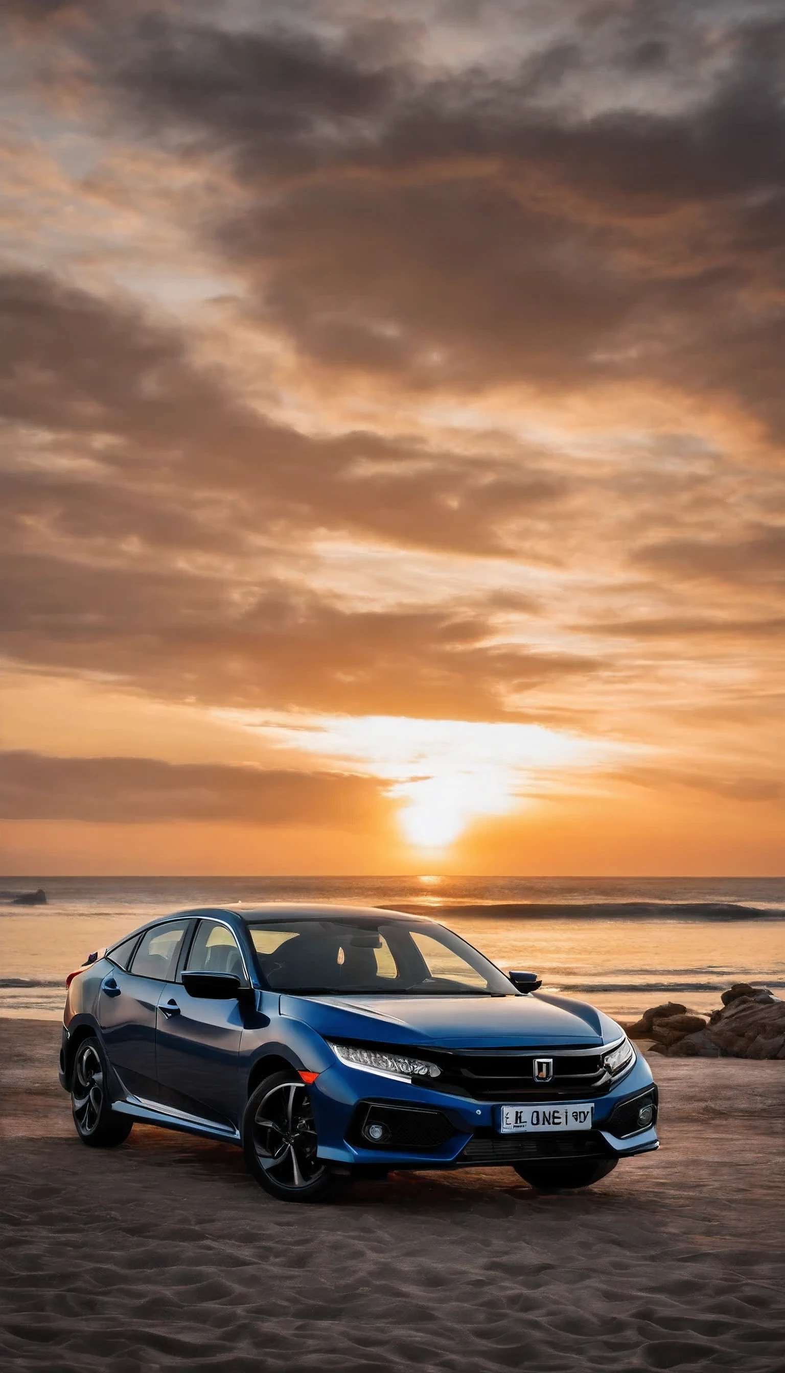 (Extremely detailed CG unity 8k wallpaper, High resolution, cinematographic, super realistic), A 2018 Honda Civic Touring model, in a beach, with red orange and blue sunset