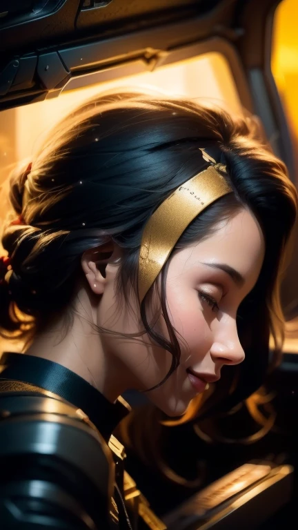 (((masterpiece))), (((Highest quality))), ((Very detailed)), (Highly detailed CG illustrations), ((Very delicate and beautiful)),(From the side),Cinematic Light,The moment when a girl climbs into the cockpit、Long black hair、Japanese、In the cockpit,Starry Sky, Big Clouds,colored glaze,Golden Universe,Space Station、Preparing for takeoff、Spacesuit、Aiming for Andromeda、Toa Heavy Industries decals、Lonely smile,A cable connects the body to a small spacecraft、Close the hatch,Complex Instrumentation