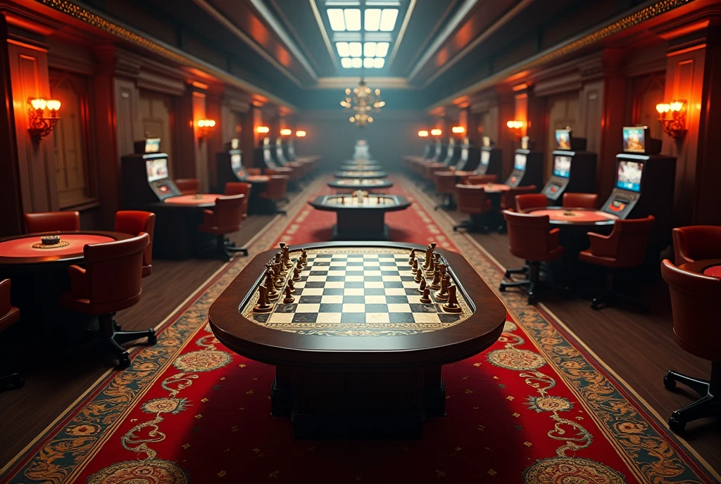 Direct view from drone, Parallel angle of view,Dimly lit casino, Chess table, No man's scene, Game Art, (Coherent architecture and interior, With realistic proportions and textures, Intricate details, Hand Painted, Energetic, Movie Lighting, masterpiece, 8K)