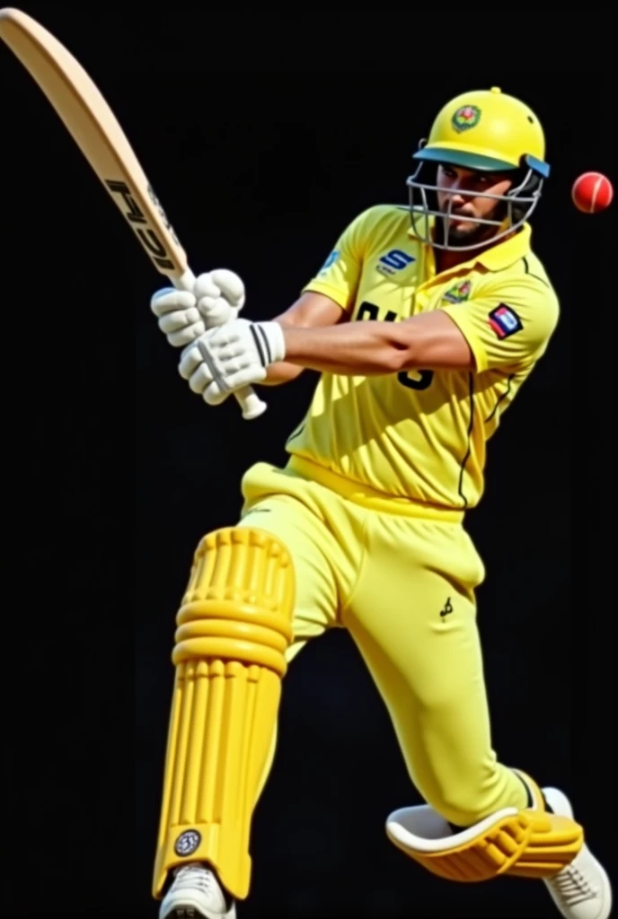 Give me a yellow jersey with AUS written on it. A cricket player wearing white sneakers and a dark green helmet is hitting a cricket ball.，顶光drop shadow, anaglyph, stereogram, tachi-e, ass pov, atmospheric perspective, 8k, super detail, best quality