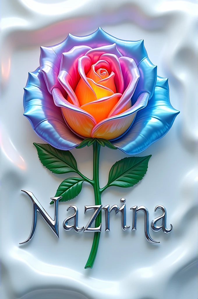 A colorful, glass-like rose with petals in shades of blue, red, yellow, and purple lies on a smooth, white, flowing surface. The word NAZRINA is displayed in metallic, silver letters beneath the rose. Green leaves extend from the stem, adding a touch of natural contrast to the vibrant, stylized flower.