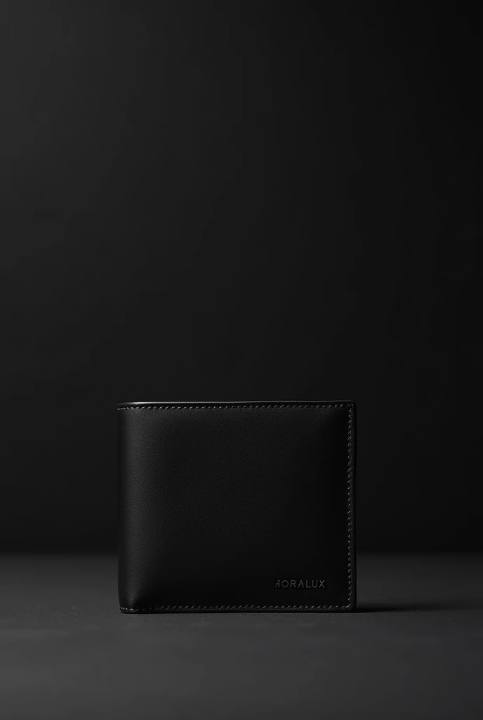 Generate a photo with a black charcoal background and a black wallet with the HoraLux logo