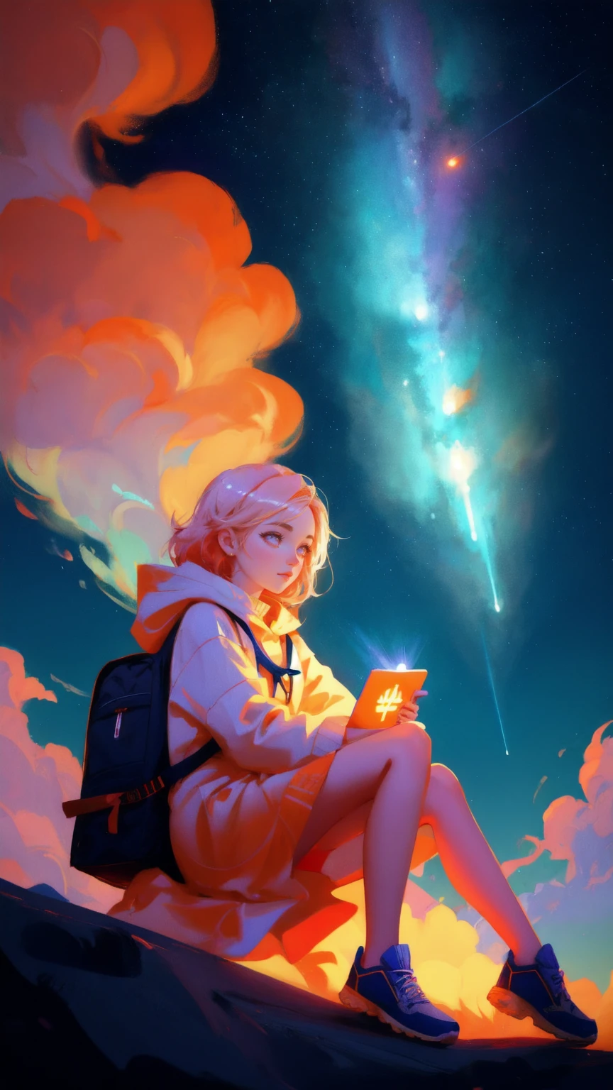there is a cartoon image of a cute girl sitting by a campfire, concept art inspired by Cyril Rolando, trending on behance, pixel art, jen bartel, satoshi, bitcoin, in style of cyril rolando, cyril rolando and goro fujita, in the style dan mumford artwork, bitcoin evil, mining, 🚀🚀🚀, crypto.the background is blue.