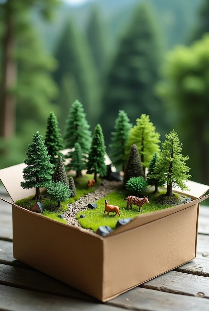 Deforestation in tempered climate model in a small cardboard box that is covered at all sides except the front 