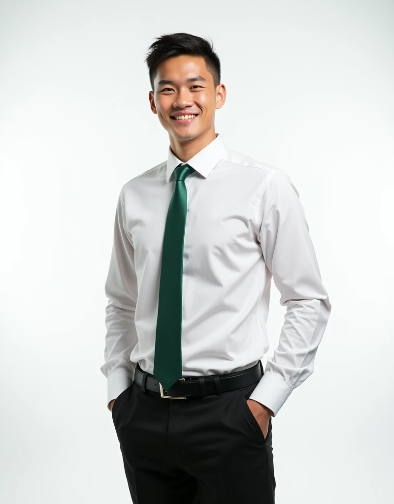 Thai male student, tall, white, good looking, short hair, smiling face. Wear a white long-sleeved shirt. green tie black pants Standing, reaching into trouser pocket standing in studio There is white lighting. full HD