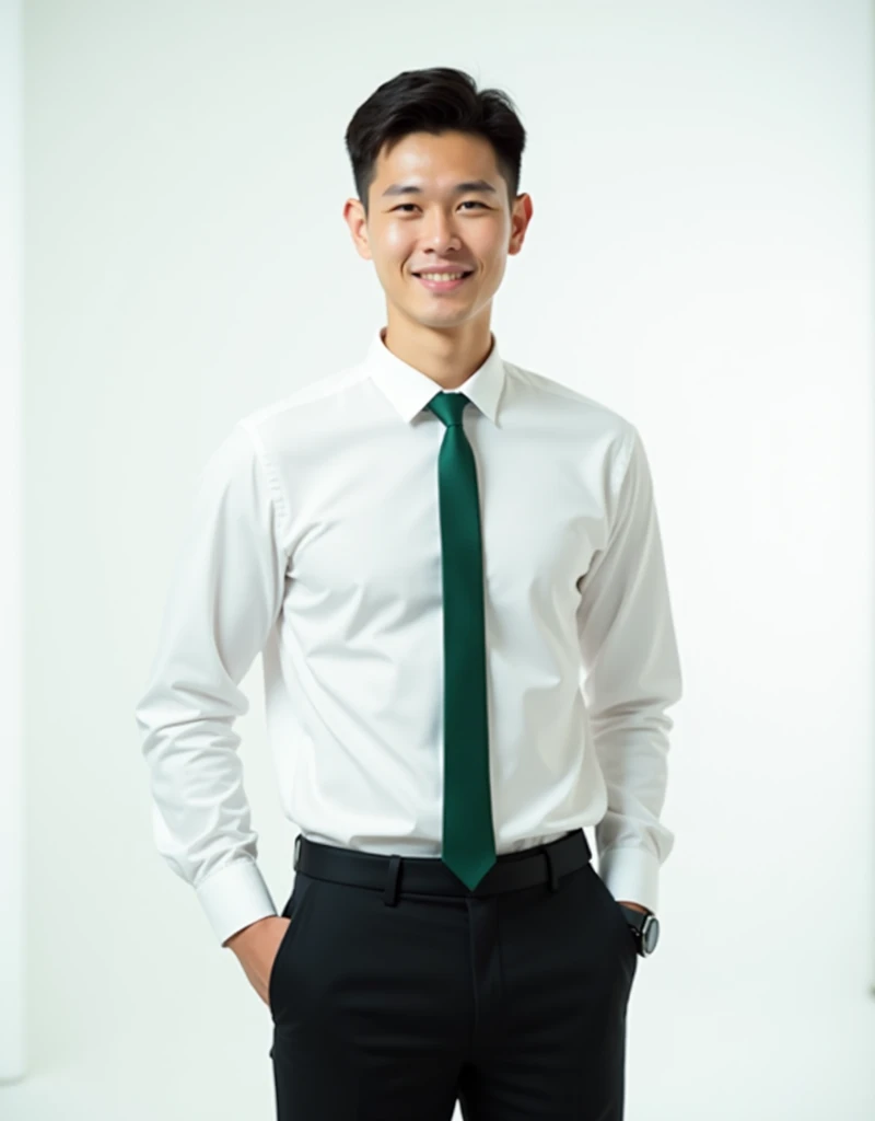 Thai male student, tall, white, good looking, short hair, smiling face. Wear a white long-sleeved shirt. green tie black pants Standing, reaching into trouser pocket standing in studio There is white lighting. full HD