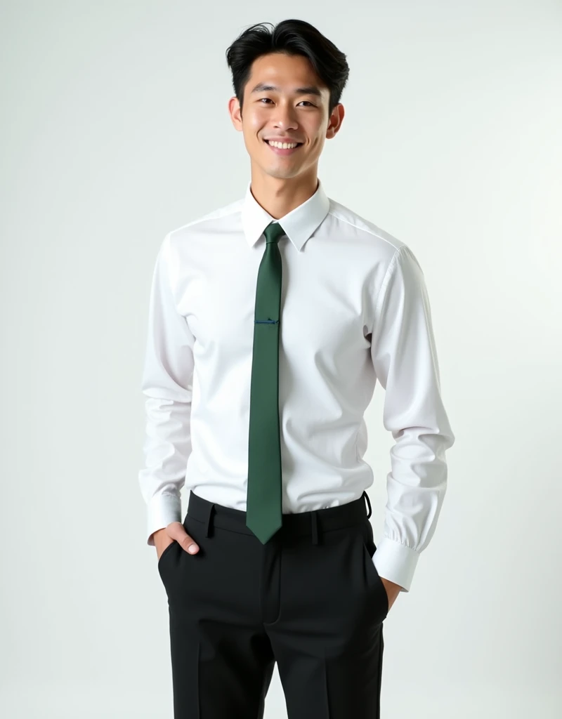 Thai male student, tall, white, good looking, short hair, smiling face. Wear a white long-sleeved shirt. green tie black pants Standing, reaching into trouser pocket standing in studio There is white lighting. full HD