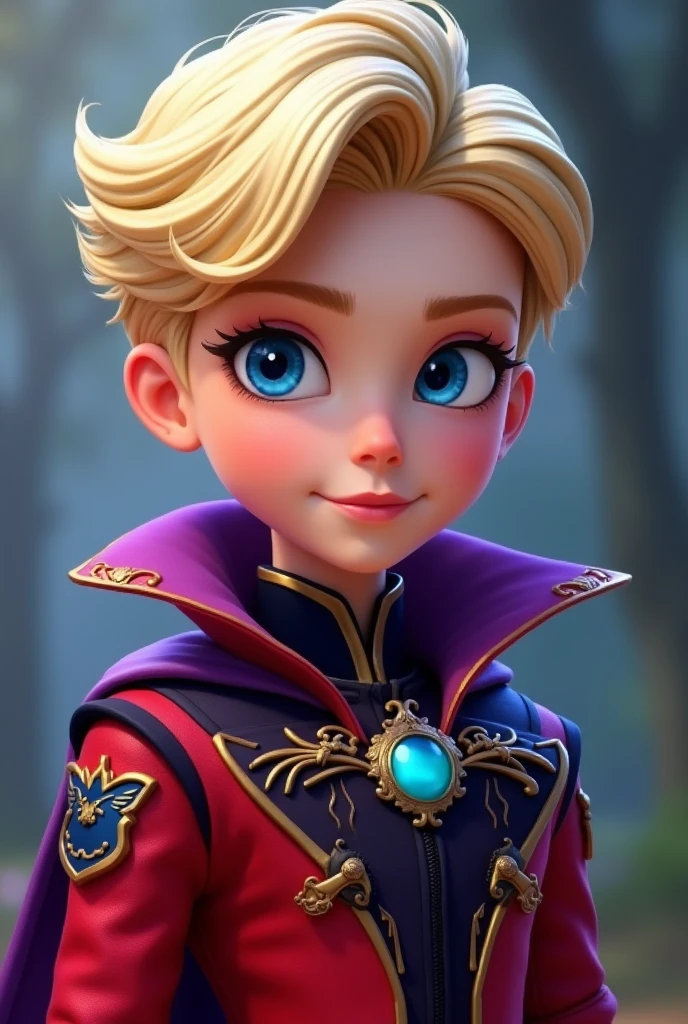 Imagem do filho da Raven Queen e da Apple White de Ever After High: LnF , A boy, with blonde hair, Caucasian skin, blue colored eyes, red and purple outfit with apple and crow elements on the outfit 