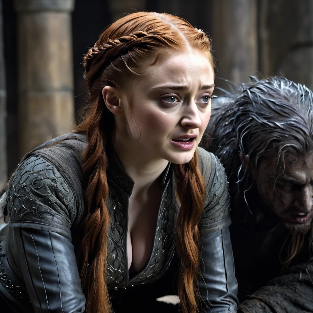 Undead Sansa Stark on her knees, forced oral sex, (oral rape:1.3), Sexual violence, hand on her head, holds her by the hair, (traces of beatings on her body:1.2), torn clothes, Sexual slavery, hellish torment, demon pissing on her face
